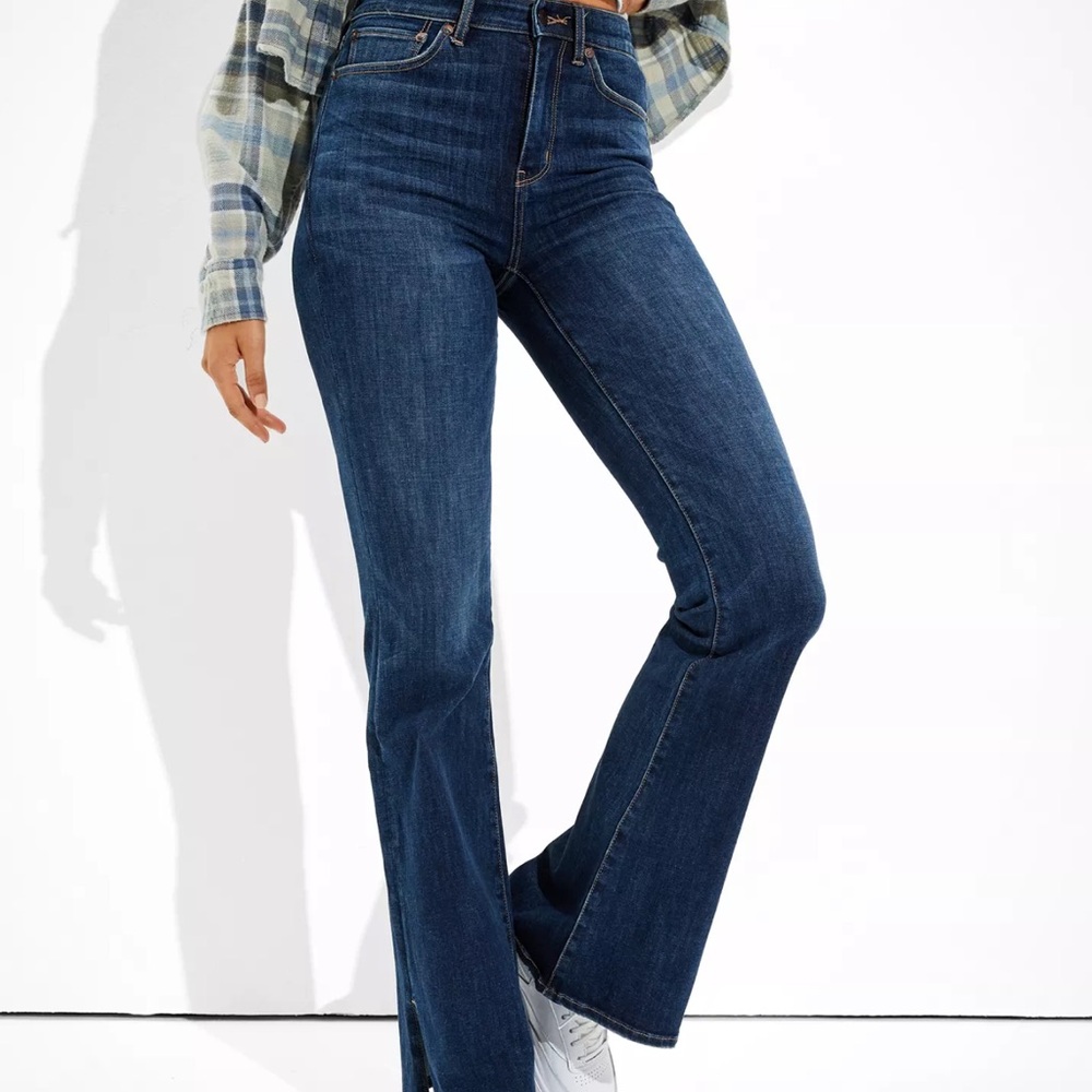 American Eagle Outfitters Super High Waisted Split Hem Flare & Wide Leg Jeans